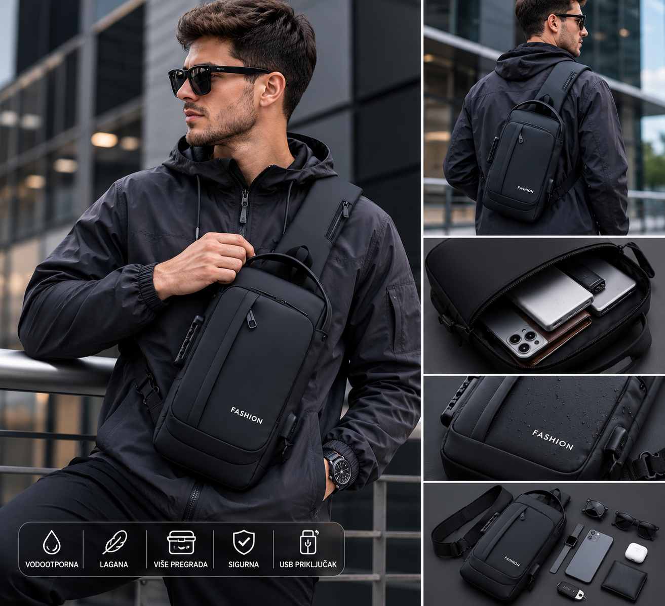 Man holding a black backpack with multiple views and features highlighted.